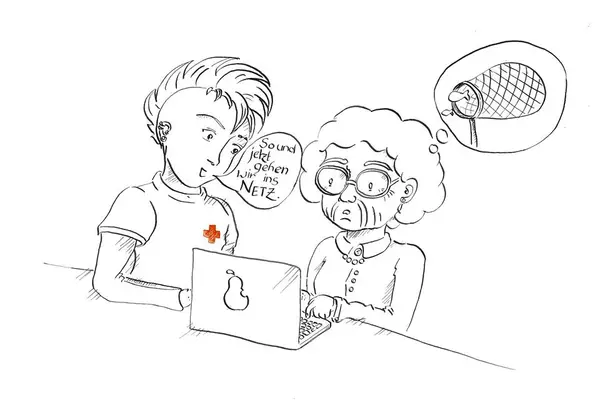 Comic - Digitale Generationen im Austausch Comic - Digitale Cafes - Jugendliche erklärt älterer Dame das Internet