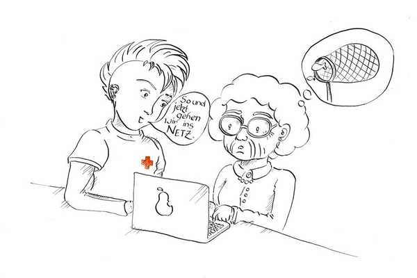 Comic - Digitale Cafes - Jugendliche erklärt älterer Dame das Internet