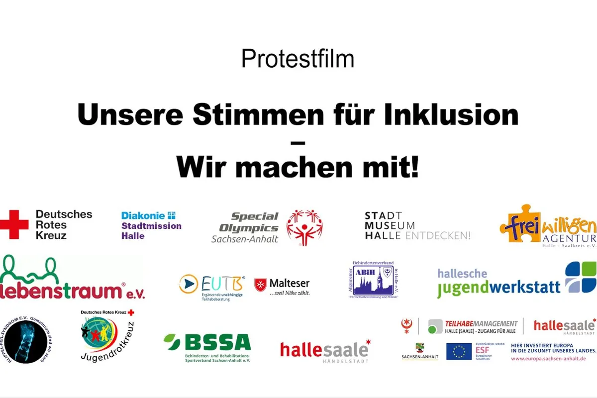Protestfilm: Unsere Stimmen für Inklusion - Wir machen mit! Startbild des Protestfilms mit den Logos der teilnehmenden Institutionen